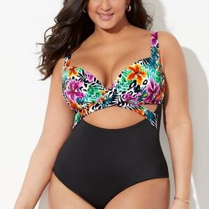 Tropical Floral and Black One-Piece Swimsuit